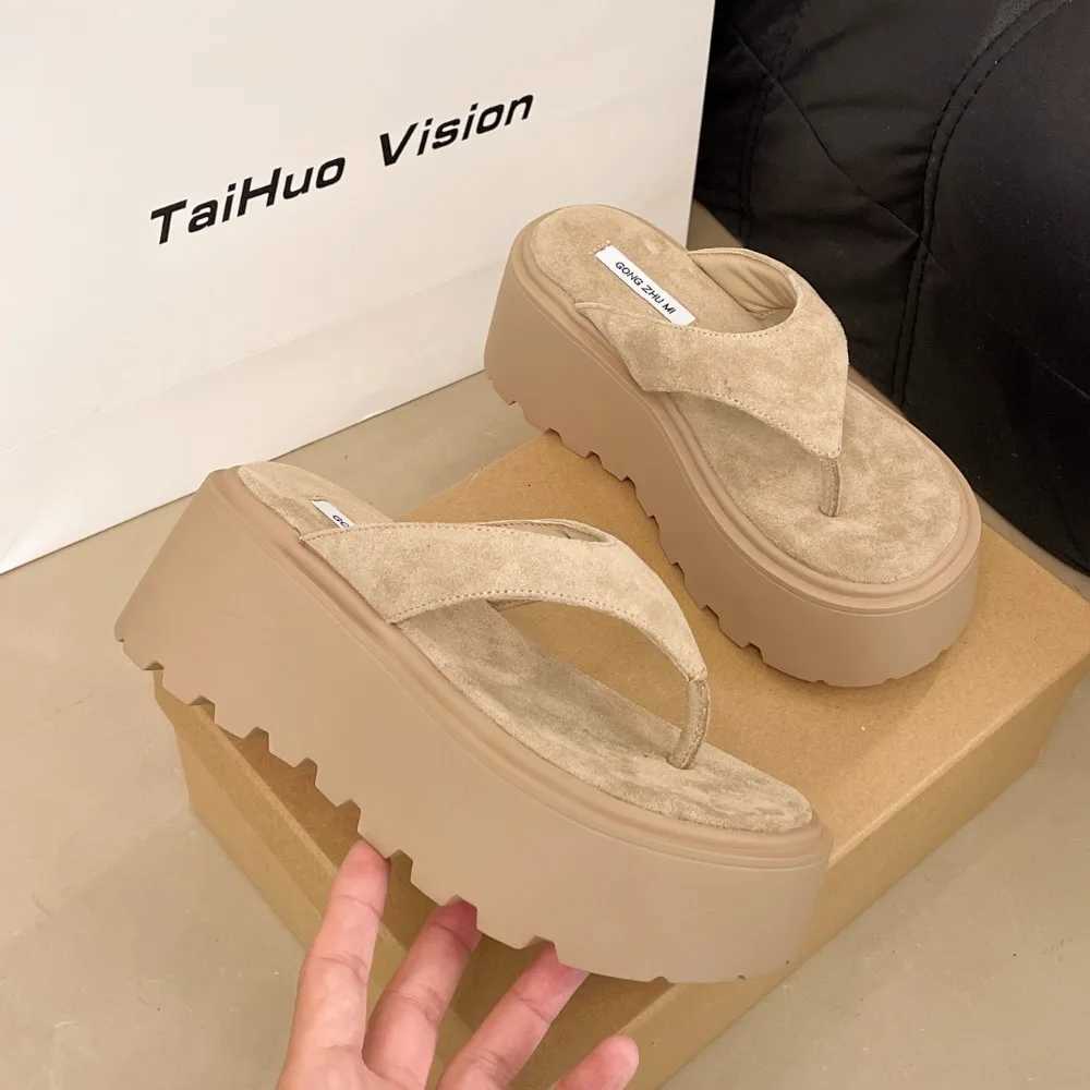 Wedge Outdoor Slippers Womens Summer Thick Bottom Flip Flops Outdoor High Waist Seaside Beach Leisure Flip Flops Suede K260311