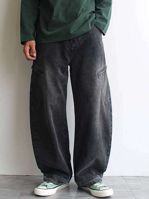 Autumn/Winter Black Washed Denim Trousers for Men - American Streetwear Style Curved Blade Wide-Leg Multi-Pocket Urban Jeans Z260225