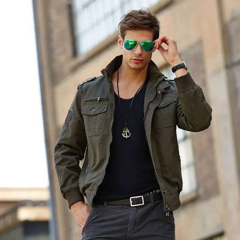 Men's Casual Pure Color Cotton Jacket Mens Thin Spring and Autumn Top Zipper Pocket Collar Stand-Up Large Size Fit Outerwear 26H0311