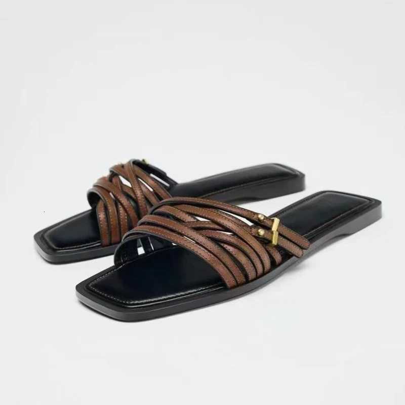 Womens Flat Slides Sandals Vintage Square Toe Leather Strappy Outdoor Casual Shoes for Summer Fashion K260311