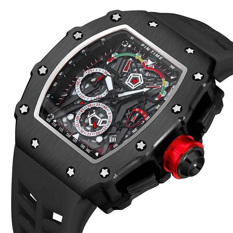 PINTIME Men's Watches Hollow Punk Chronograph Sports Fashion Quartz Wristwatch Silicone Strap Luxury Designer Relogios Masculino