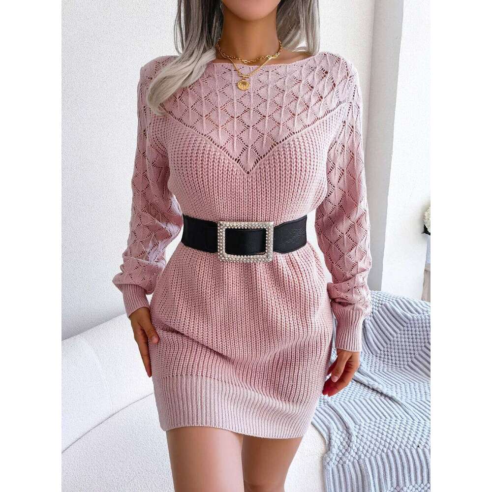 Hollow Out Long Sleeve Casual Knitted Sweater Women Autumn Winter 2026 Clothes Without Belt Pink Blue White Mini Dress Z260311