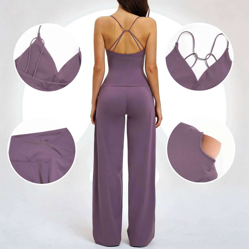 Women's 2 Piece Sportswear Set: Beauty Tank Top + High Waist Wide Leg Pants, Breathable Yoga Outfit for Gym Loungewear 26H0311