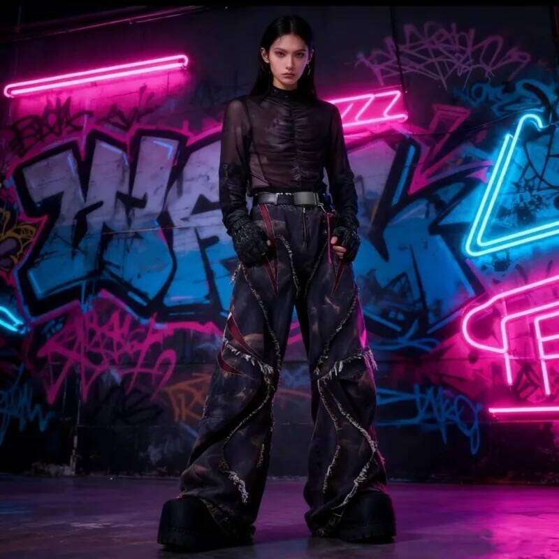 Mens Jeans Harajuku American Vintage Streetwear Patchwork Curved Wide Leg Denim Pants New Chinese Style Loose Fit Blue Casual Z260225