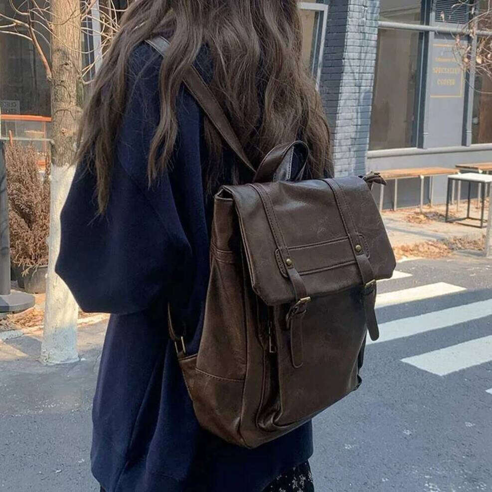 OLOEY Large Capacity Vintage Women Backpack PU Leather Preppy Student School Mochila Rucksack Shoulder Bag Female