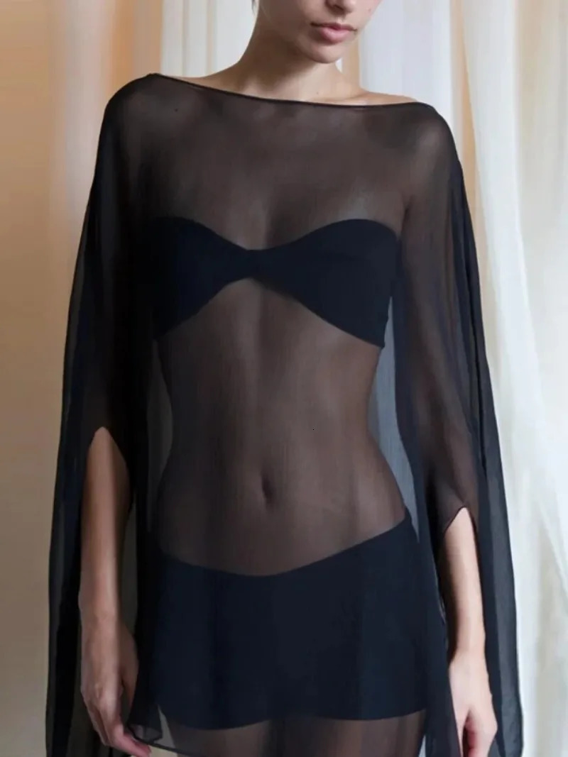 Woman Clothes See-through Chiffon Blouses Sexy Fashion Solid Cover-ups Ladies Elegant Night Club Tops White Black Streetwear 260310