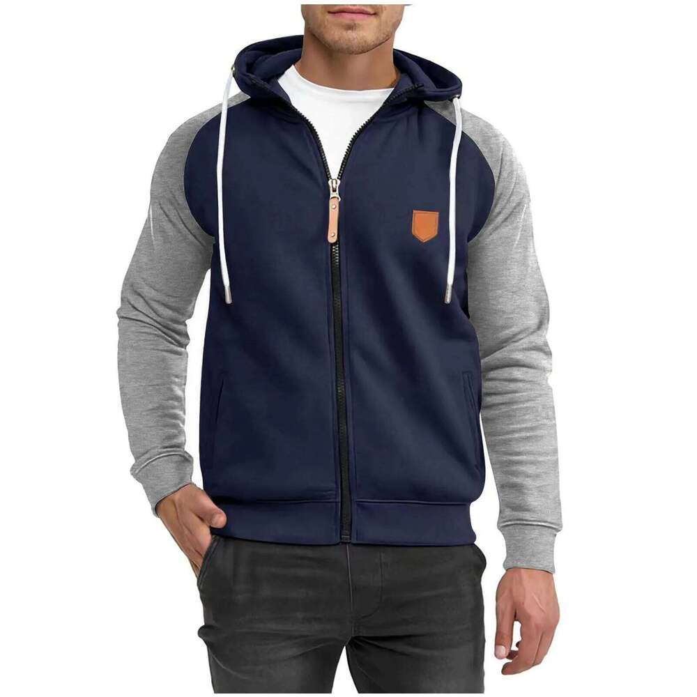 Men's color matching sports fleece cardigan cotton blend, men's sweater casual breathable hooded jacket 26H0311