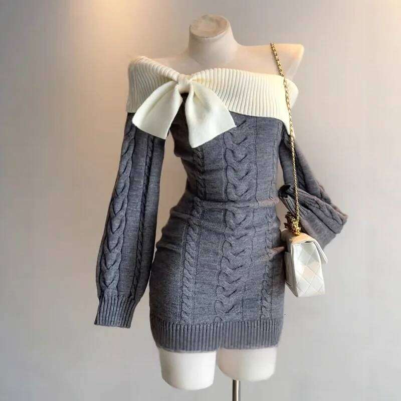 Winter Korean Vintage Solid Sexy Bodycon Knitted Women Elegant Fashion Short Party Harajuku Y2k Bow Mini Dress New Z260311