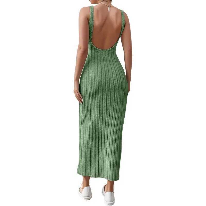 Summer New Style Sleeveless Inner Strap Mid-length Round Neck Backless Knitted Hip One-step Skirt Vest Dress M260311