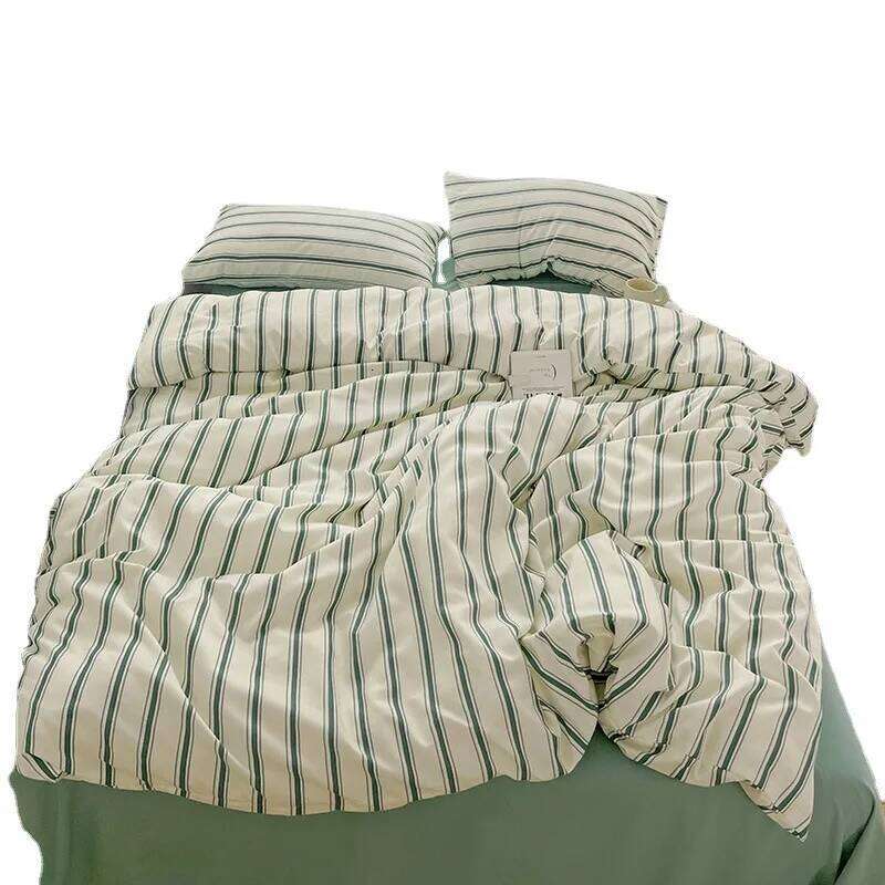 Linen Sheets Blogger Style Line Four-piece Set Girl Heart Fresh Green Bed Sheet Vertical Stripe Quilt Cover 1.5m1.8 H260311
