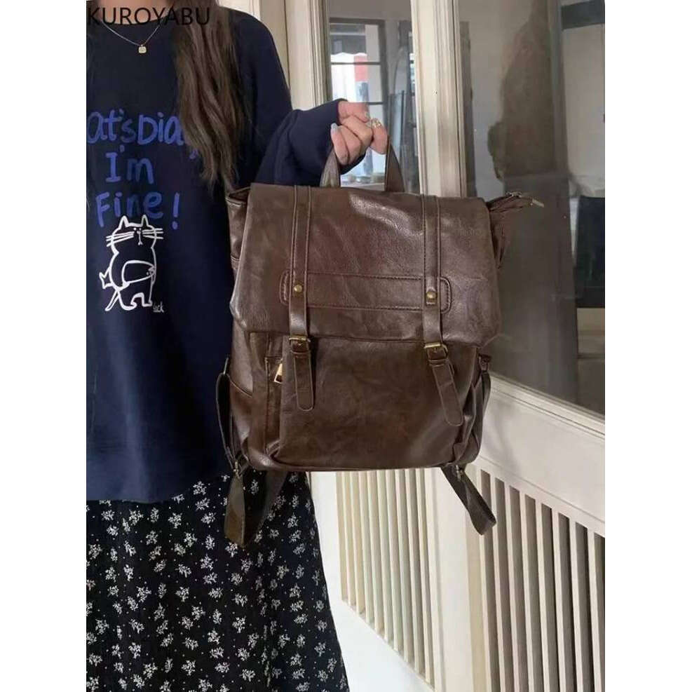 Vintage Brown Jk Backpacks Women High Street Preppy Style Pu Leather Backpack Ladies Harajuku Casual School Bag Fashion Y2k Bags
