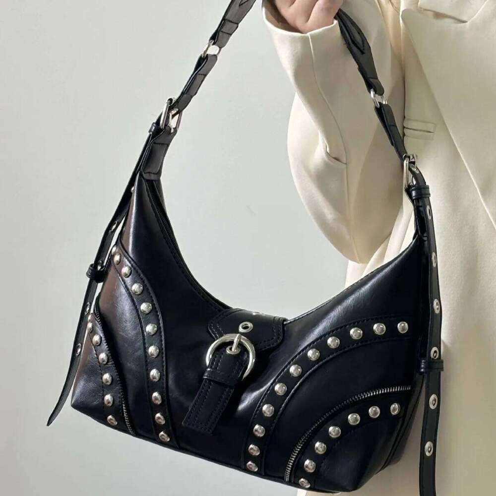 Gothic Punk Women's Rivet Shoulder Bag Pu Leather Crossbody Bags Female Luxury Fashion Y2k Cool Girls Motorcycle Armpit Handbags XJ260311