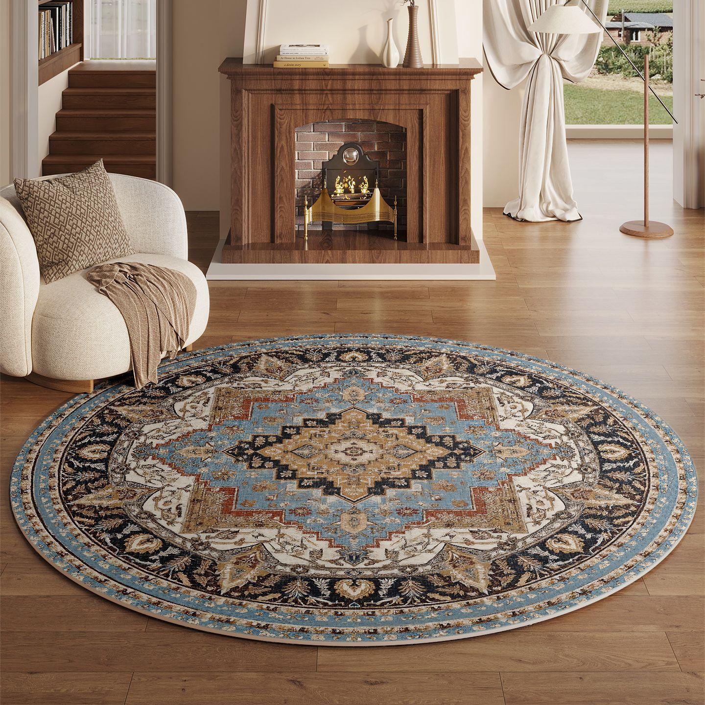 Vintage Light Luxury Bohemian Rug Round Large Grain Living Room Mat Bedroom Bedside Cloakroom Rocking Chair Pad