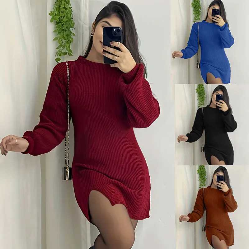 Fashion O-neck Long Sleeve Knitted Mini Dress Women Autumn Winter Casual Sweater Office Ladies Dresses For Women Robe Femme M260311