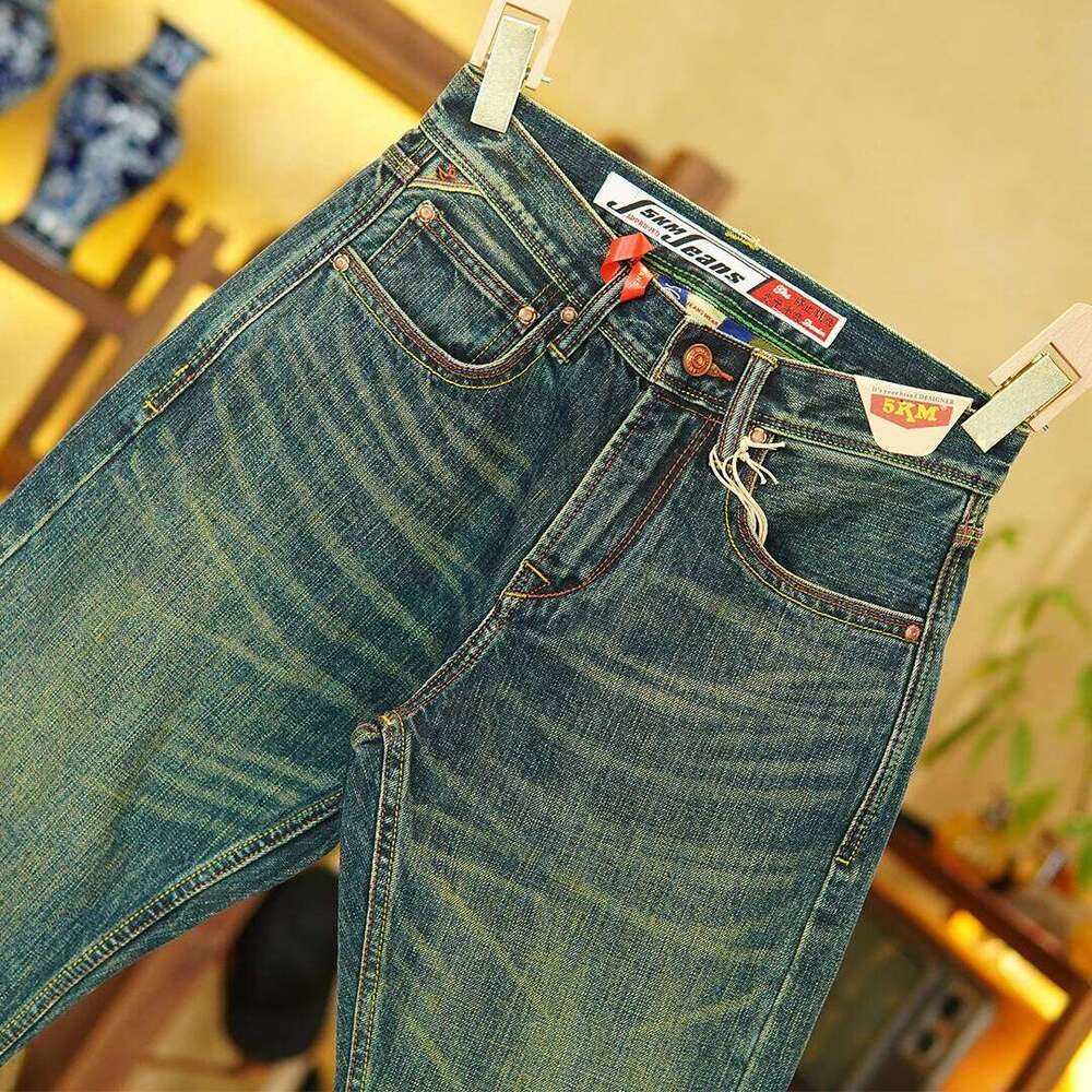 14.5oz Emerald Green Red Selvedge Denim Jeans for Men Autumn American Vintage 100% Cotton Casual Relaxed Straight Leg Pants 5KM Z260225