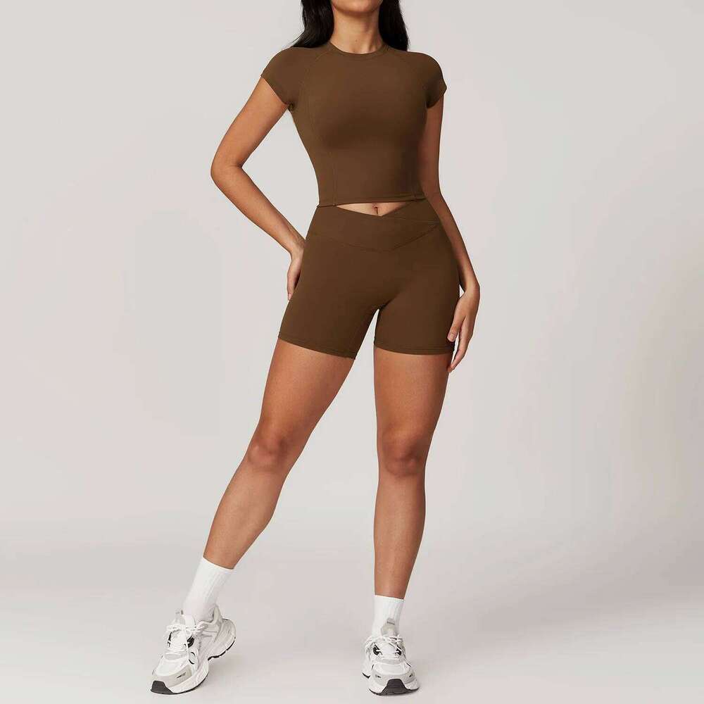 Women Sportswear Yoga Set 2PCS Sport Suit Workout Clothes Short Sleeve Gym Crop Top High Waist Leggings Fitness Sports Wear 26H0311