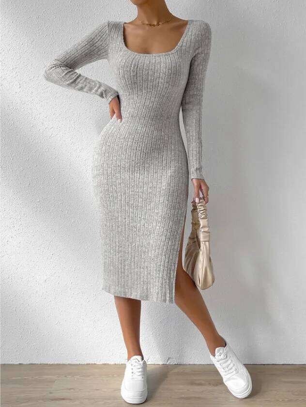 Plain Split Thigh Ribbed Bodycon Dress, Casual Long Sleeve Scoop Neck Midi Dress for Fall and Winter, Women's Clothing Z260311