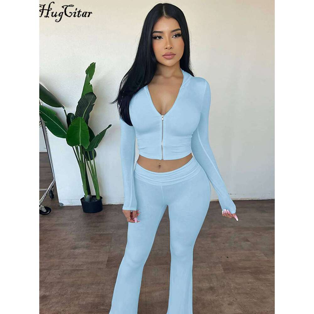 Hugcitar 2024 Casual 2 Pcs Sets Solid Hoodies Long Sleeve Zipper Crop Top Flare Pants Women Fashion Outfits Vacation Sport Gym 26H0311