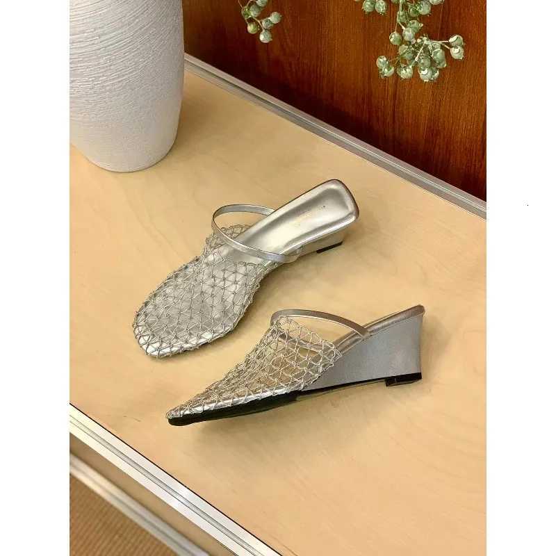 Niche Fishing Net Woven Hollow Sandals for Women in Summer 2025 New Style with Skirt Block Heel Square Toe Muller Semi-slippers K260311