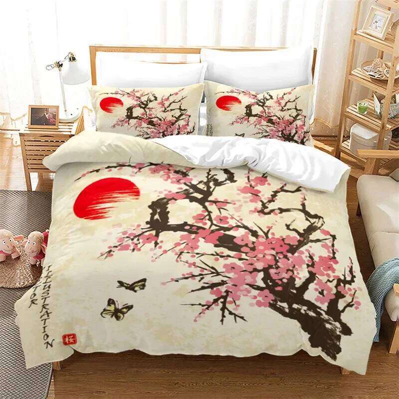 Ink Painting Duvet Japanese Style Mount Fuji Comforter Cover Red Cherry Blossoms Print Bedding Set For Adults Teens Girls H260311