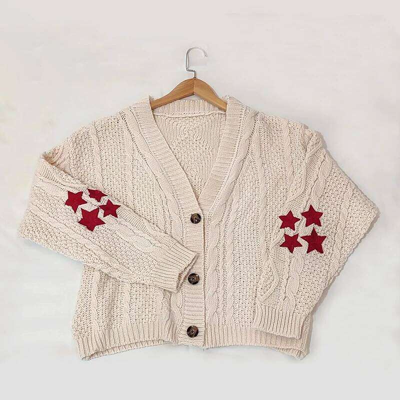 Swif T Beige Cardigan Tay Red Star Embroidered Cardigans Lor V-neck Knitted Sweater