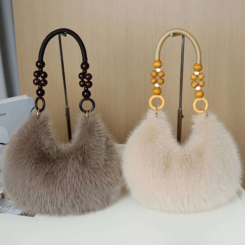 Women's Handbag, Plush Faux Tote Purse with Bead Accented Strap, Zipper Closure Elegant Handbags Shoulder Bags for Everyday XJ260311