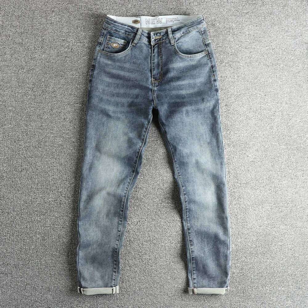 Knitted fabric simple embroidery embellished vintage jeans men slim feet spring summer youth long pants Z260225