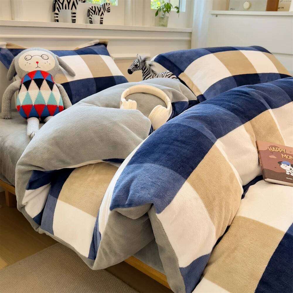 Simple Style Grid Thicken Milk Velvet Bedding Winter Warm Soft Four-Piece Set Bedroom Decor Quilt Cover Bed Sheet Pillowcase H260311