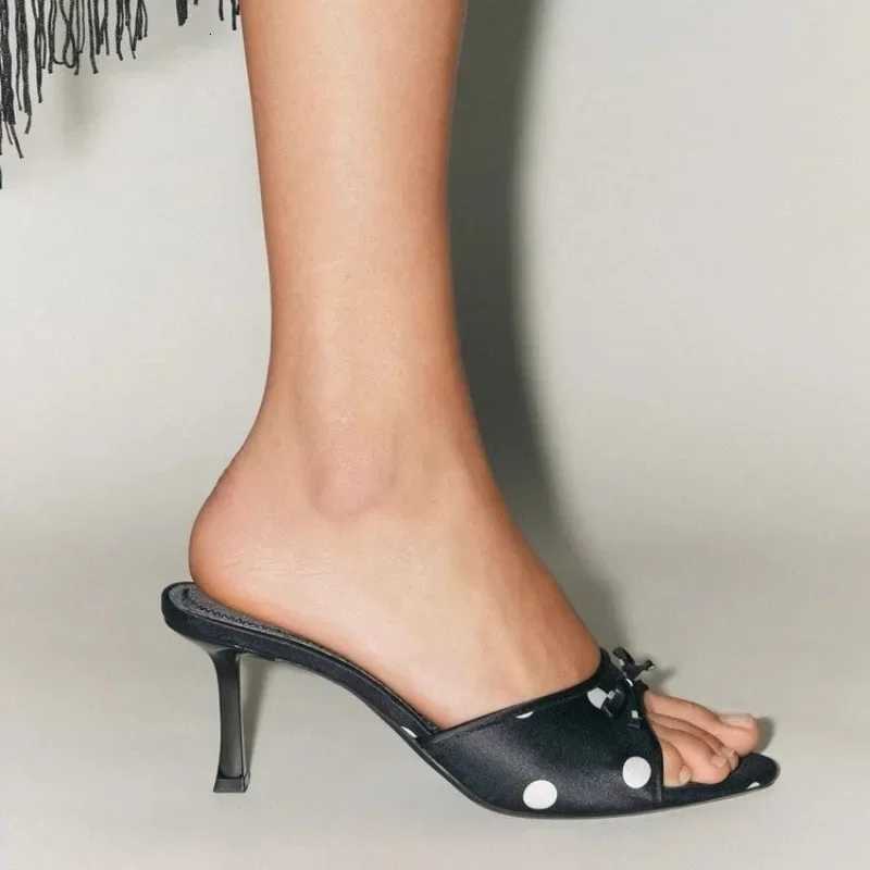 Black Spotted Silk High Heel for Women Outer Wear Fashion Bow Leather Summer Sandals Comfort Open Toed Lady Shoes K260311