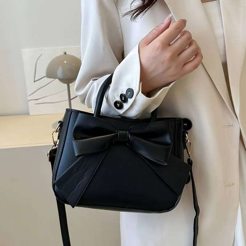 Elegant Black Bow Decorative Handbag Shoulder Crossbody Bag with Golden Hardware and Detachable Horizontal Strap, Stylish Daily XJ260311