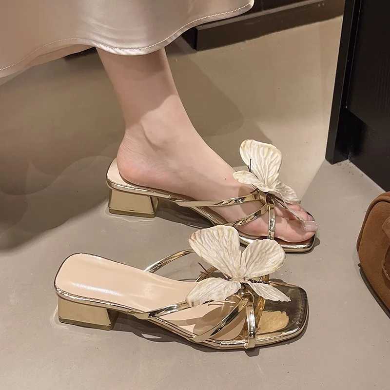 Fashion Square Heel Sandals Womens Summer New Square Toe Open Toe Iris Flower Thin Strap Non-Slip Kitten Heel Shoes K260311