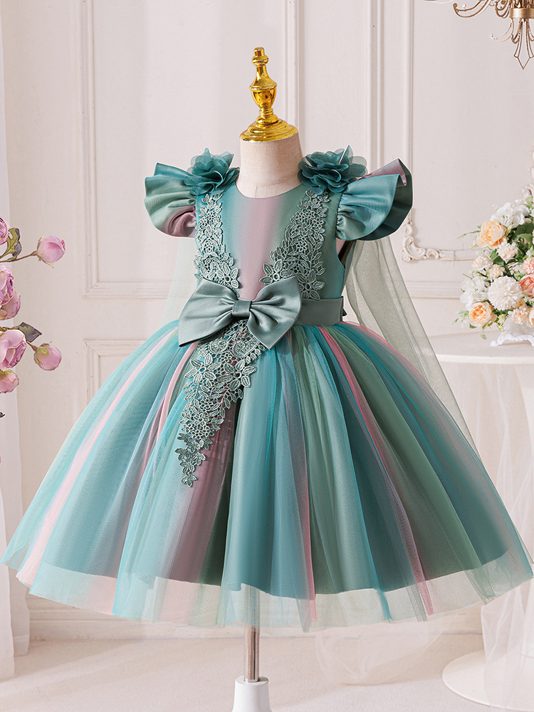 Girls Toddler Green Rainbow Tulle Princess Dress Kids Lace Bow Back Wedding Party Gown Children Formal Evening Prom Dress for Birthday Pageant Photo S