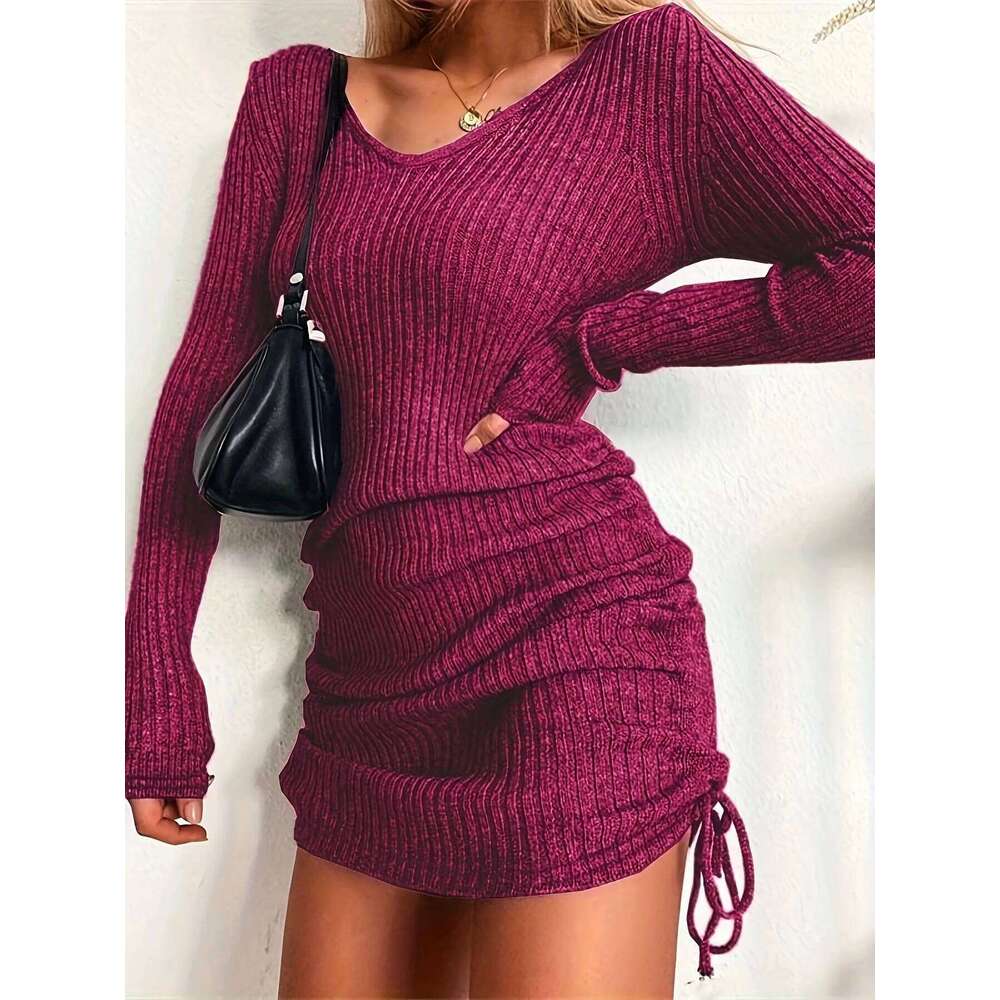 Knitted sweater V-neck long-sleeved women's autumn and winter sexy slim-fit ribbed pleated drawstring bottoming skirt Z260311