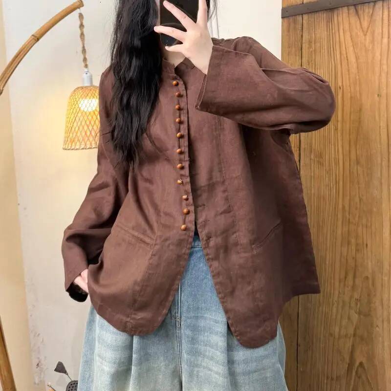 New Arrival Spring Arts Style Women Long Sleeve Stand Collar Loose Shirt Vintage Single Breasted Cotton Linen Casual Blouse Tops