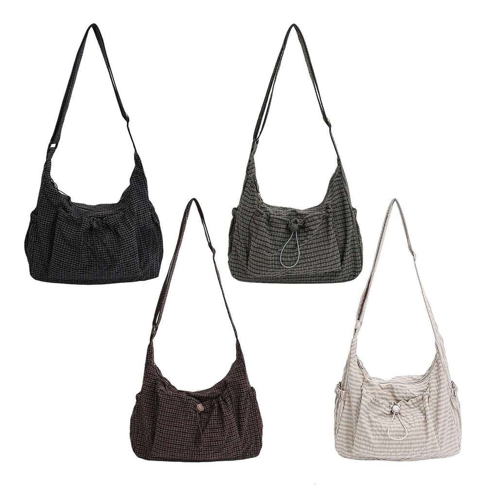 Women Checkered Sling Nylon Drawstring Crossbody Large Capacity Pleated Cloud Shoulder Bag Shopping Date Handbag XJ260311