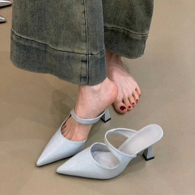 Large Size 42 French High-heeled Sandals Slippers Shoes for Women 2026 New Pointed Shallow Toe Thin Heel Slippers K260311