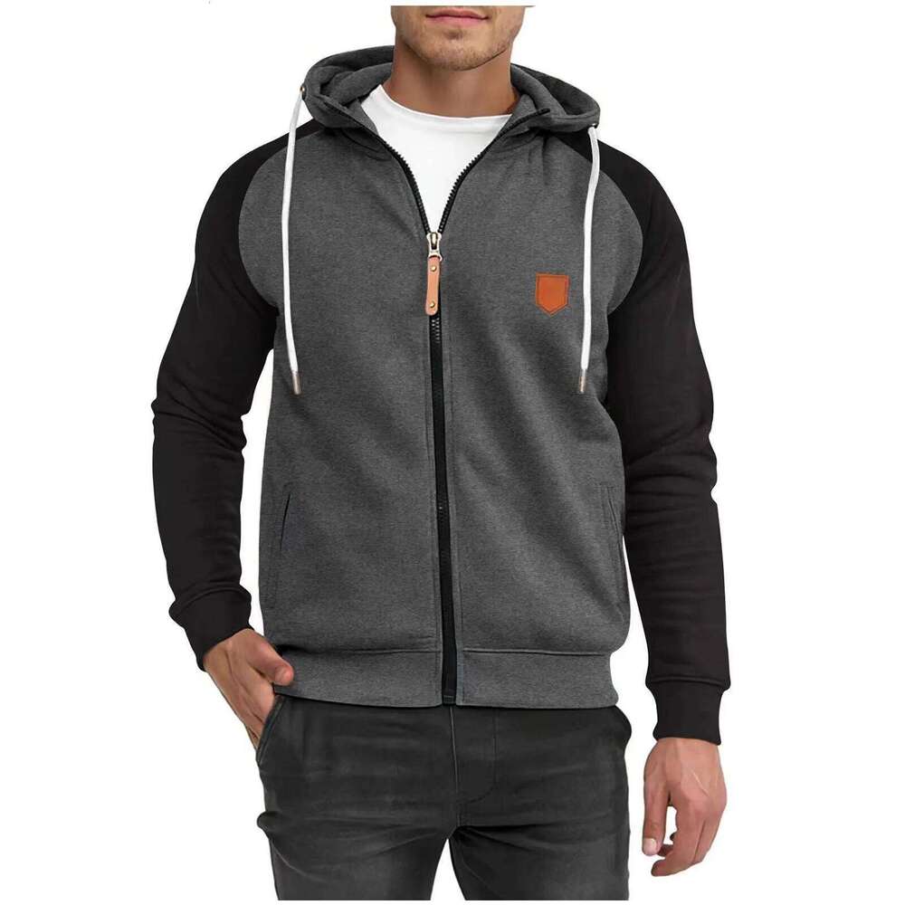 Men's color matching sports fleece cardigan cotton blend, men's sweater casual breathable hooded jacket 26H0311