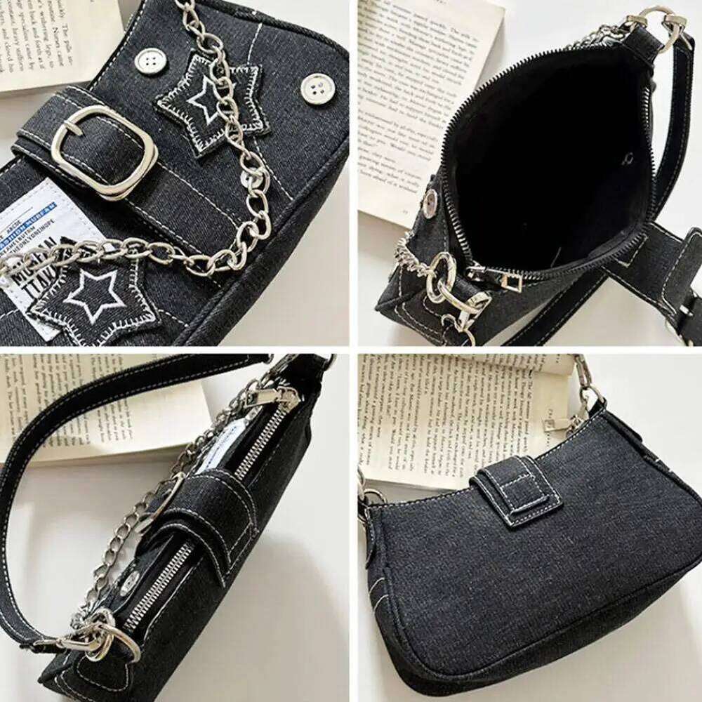 Y2K Denim Handbag Women Retro Star Pattern Underarm Rivet Armpit Purse Crossbody Bag for Cool Girls XJ260311