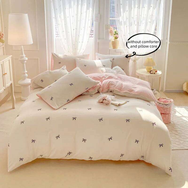 3-Piece Sheet Pink Bowknot Embroidery Duvet Cover Set, Comfortable Bedding Set Bedspread for All Seasons H260311