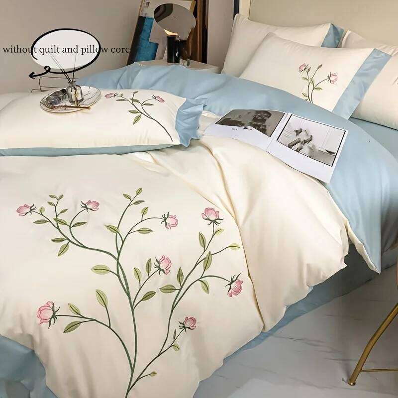 3pcs Elegant embroidery Duvet 1*Duvet Cover + 2*Pillowcase, Without Core, blue pink soft Bedding Set for summer H260311