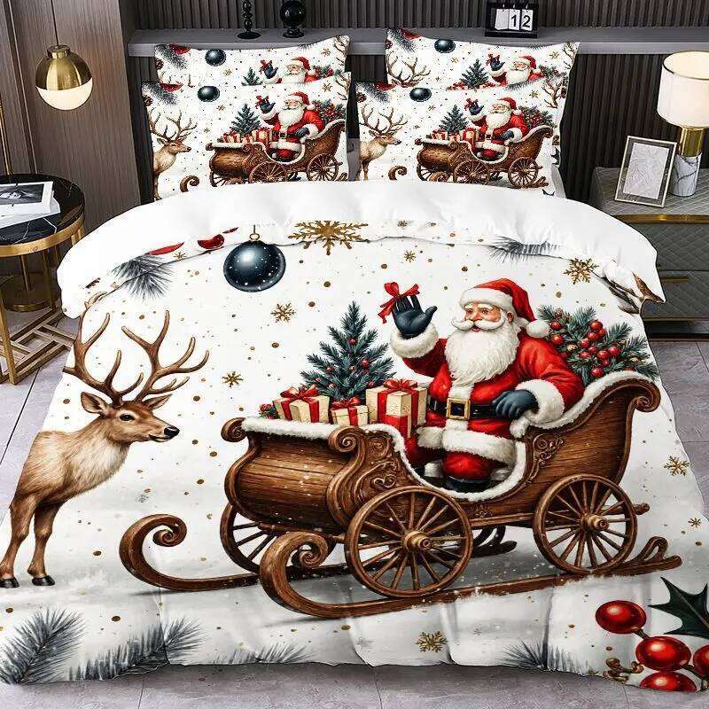 Prints Duvet Pillowcases Set Claus Reindeer Sleigh Christmas Tree Santa Hat Snowflake Pattern Quilt Cover H260311