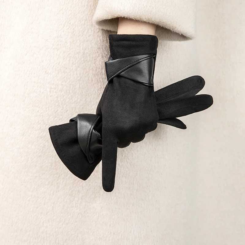 1Piar Warm Gloves With Velvet Suitable For Women To Use In Winter Touch Screen Elegant Bow Accessories Mountaineering Gloves M260311