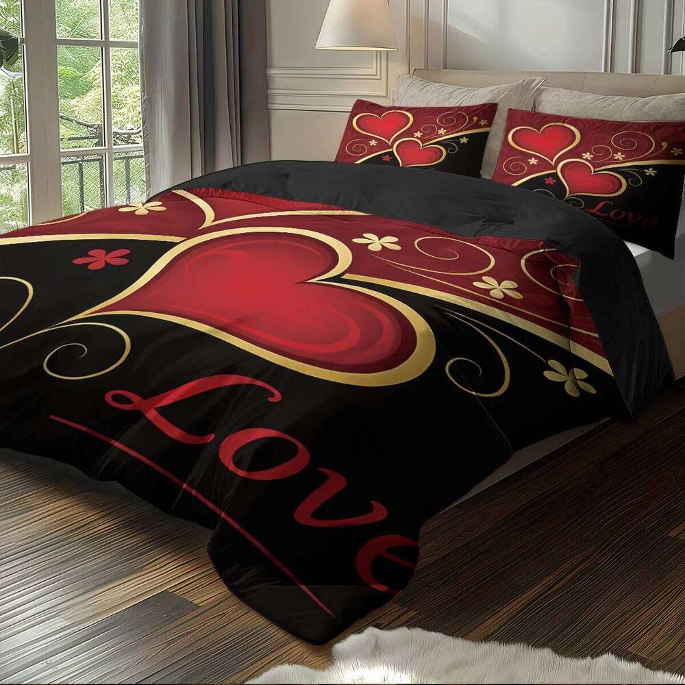 3pcs 1 duvet cover, 2 pillowcases, coreless, black and red Valentine's Day heart, Love design printed pattern bedding set H260311