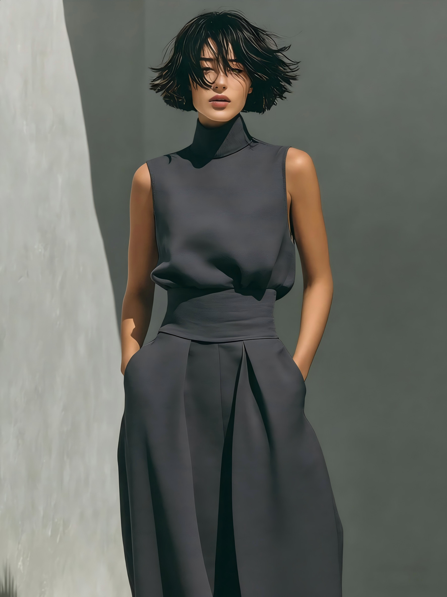 2026 Spring New Solid Color Elegant Womens Simple Cotton-Linen Blend Sleeveless Top and Wide-Leg Pants 250217