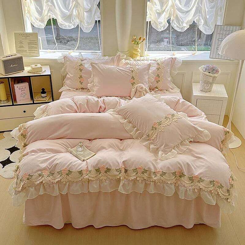 Korean Princess Style Flowers Lace Ruffles Duvet Covers Bed Skirt/Fitted Sheet Pillowcase Bedding For Girls Home Textiles H260311