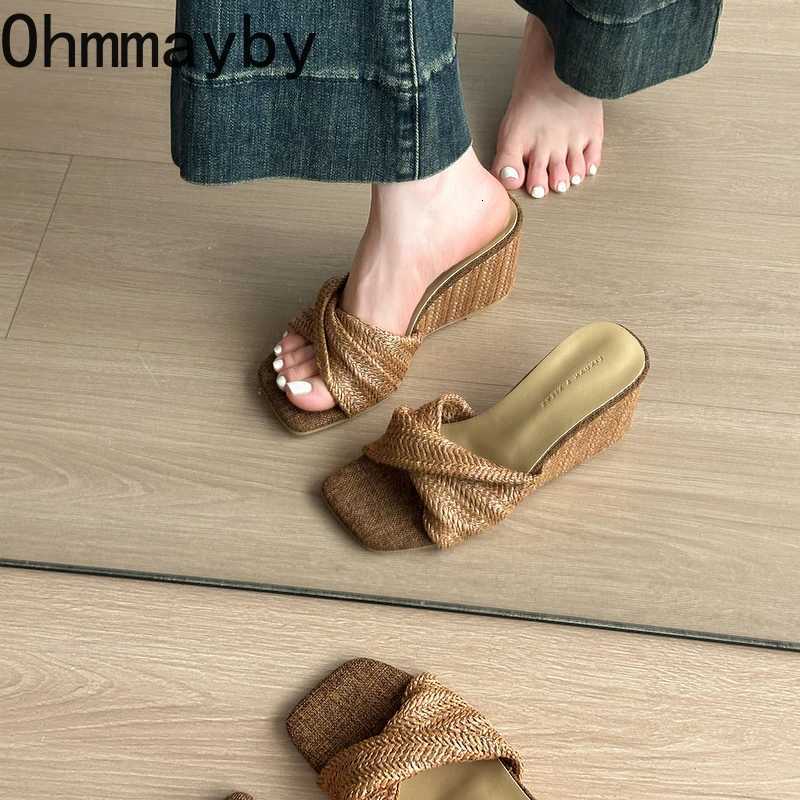 Designer Weave Height Increase Women Slippers Ladies Elegant Wedges Heel Dress Slides 2026 New Summer Open Toe Womens Shoes K260311