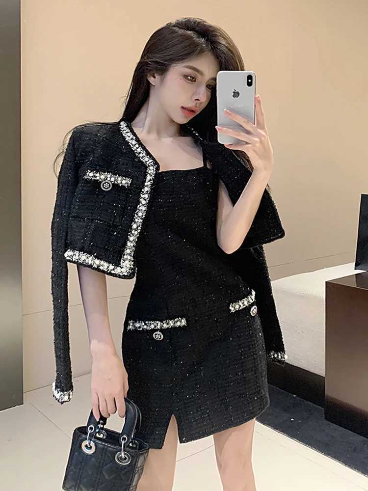 Autumn Small Fragrance Women 2 Piece Set Beaded Tweed Short Jacket Coat Bodycon Mini Dress Elegant Fashion Party Dress SuitT260311 - view 5