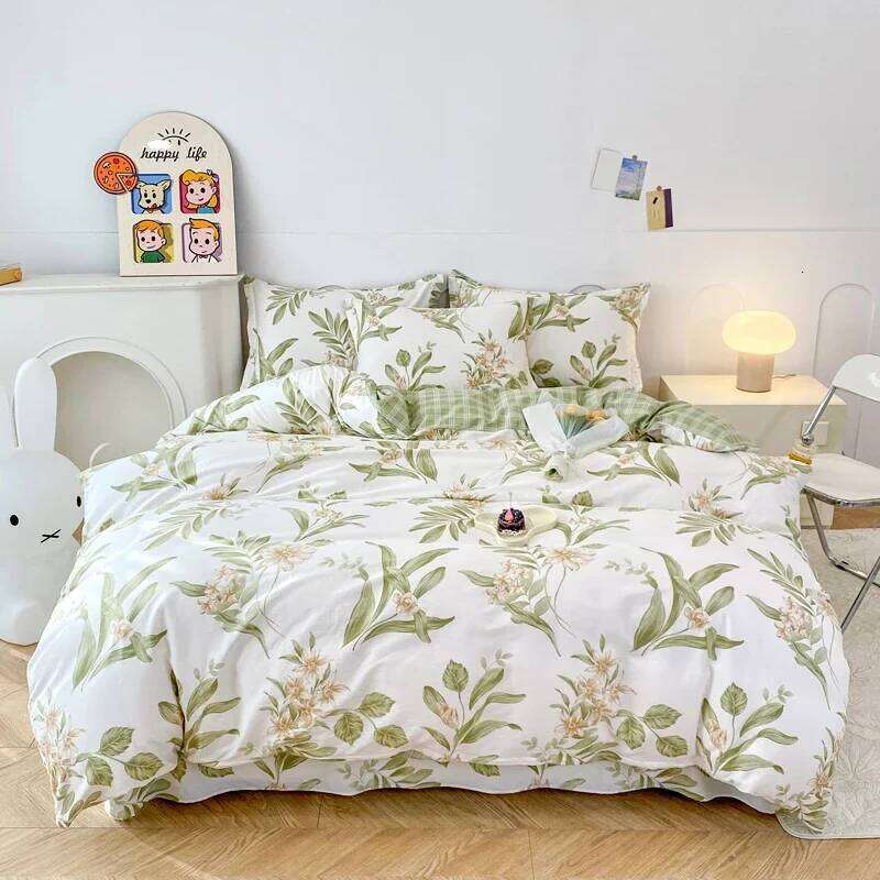 Garden Style Floral Duvet Cover 100% Cotton Boho Aesthetic Green Botanical Bedding Set with Colorful Flower Print Pattern 3Piece H260311
