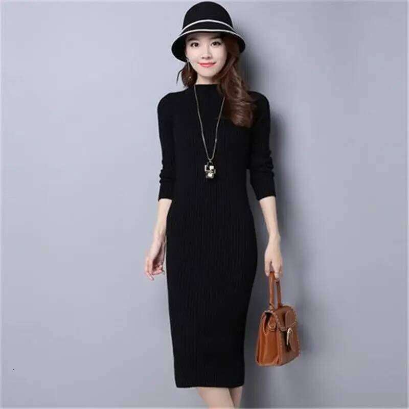 Midi Wrap Knit Dresses for Women Autumn Winter 2025 Maxi Women's Sweater Knitted One-piece Dress Green Long Sleeve Bodycon Black Z260311