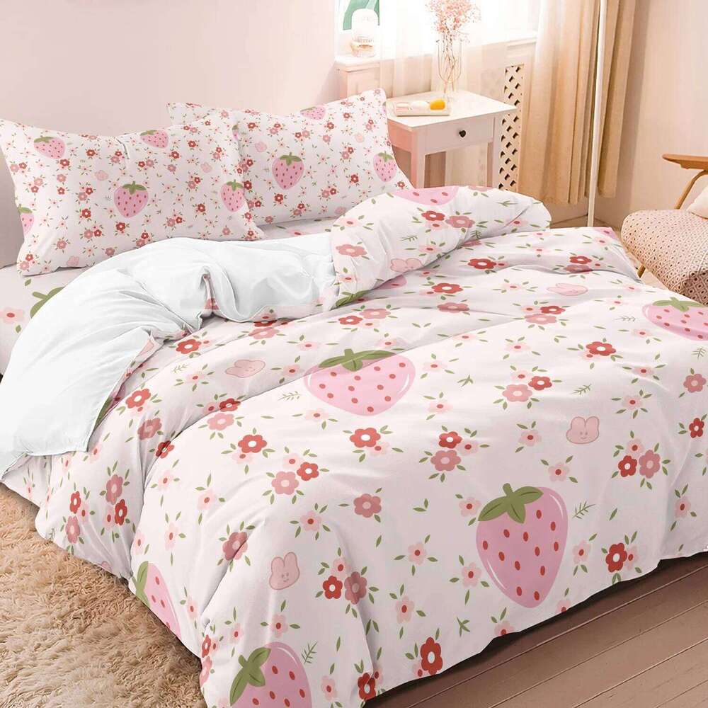 3pcs Cartoon Cute Pink White Heart Strawberry Duvet Cover Set - Sweet Floral Fruit Design For Girls Festival Birthday Gifts H260311